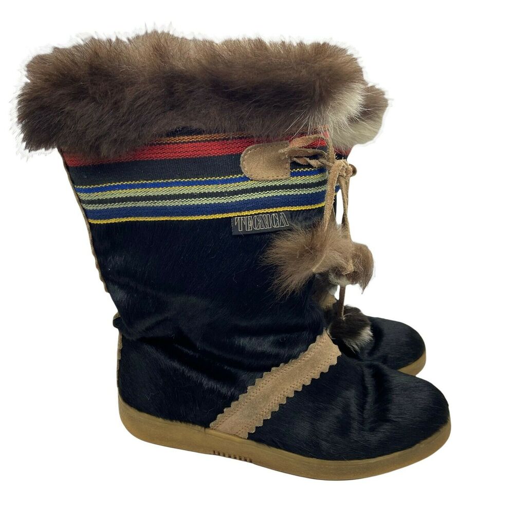Winter Boots Technica Vintage Womens Black Tan Goat Fur Apres Ski US 7.5 EUR 38